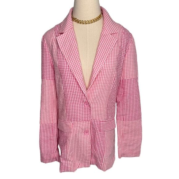 Princess Polly pink gingham check seersucker patchwork blazer jacket size 2 - Picture 1 of 5